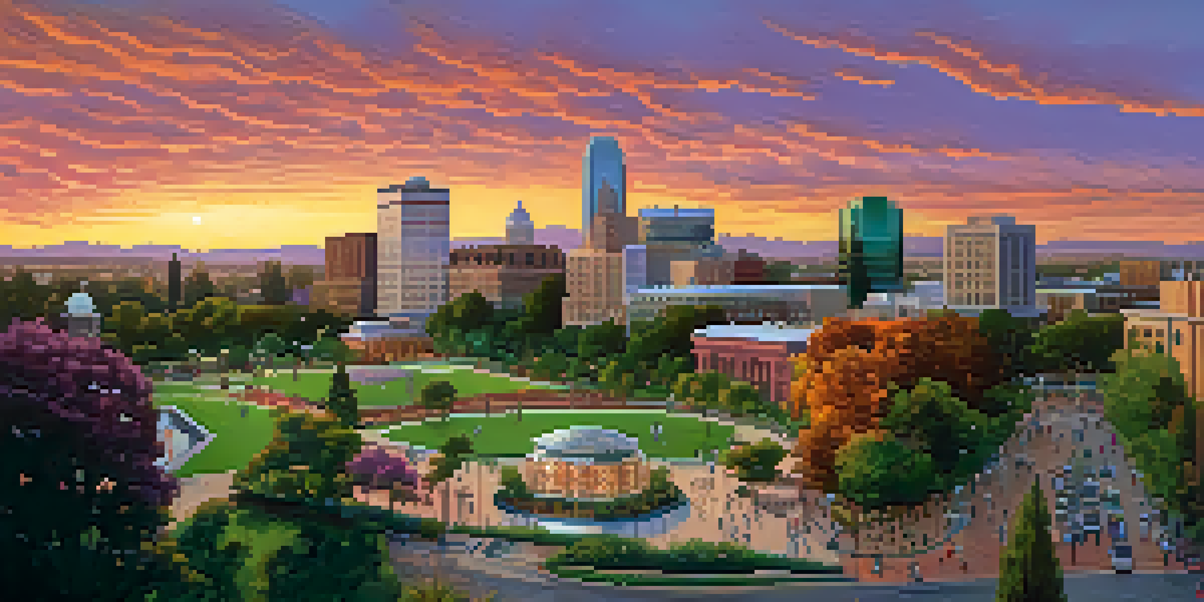 A panoramic view of Sacramento's skyline at sunset, featuring modern and historic buildings, vibrant sky colors, and families in green parks.