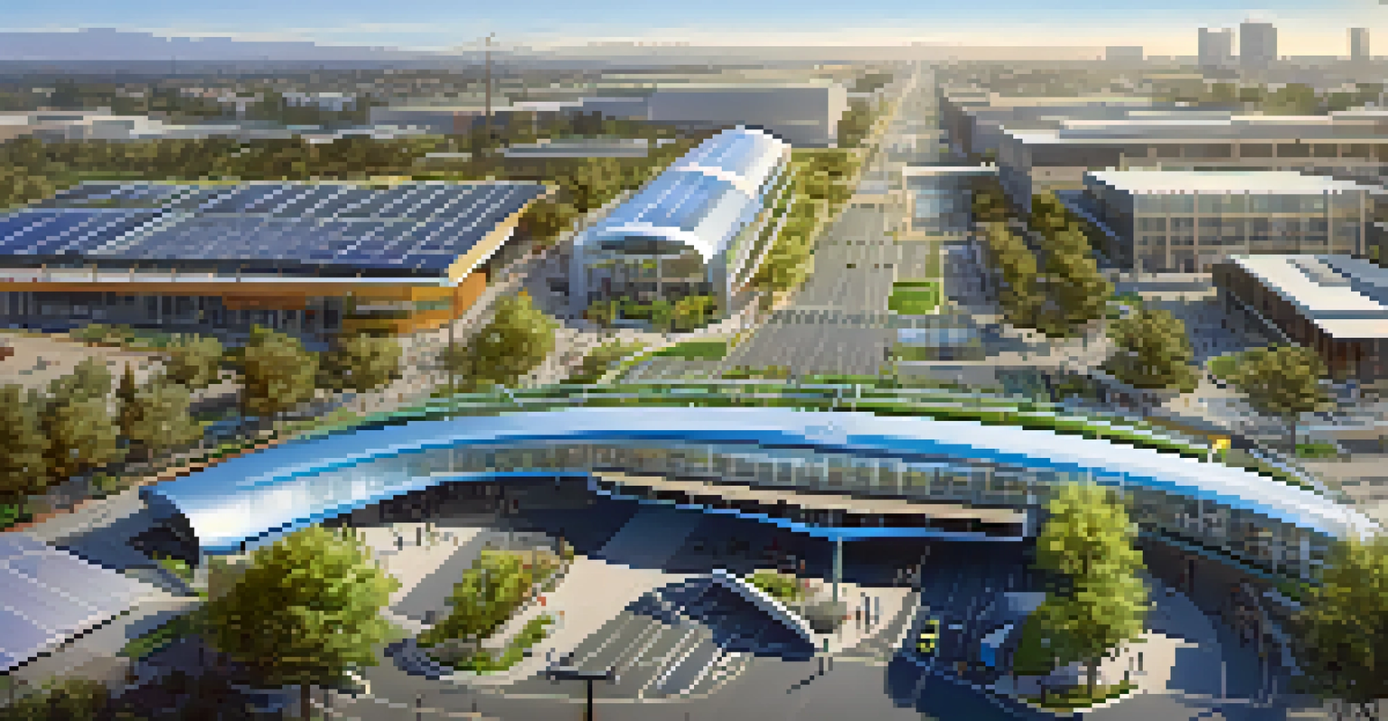 Aerial view of a modern transportation hub in Sacramento with electric buses, light rail, and bike-sharing stations.