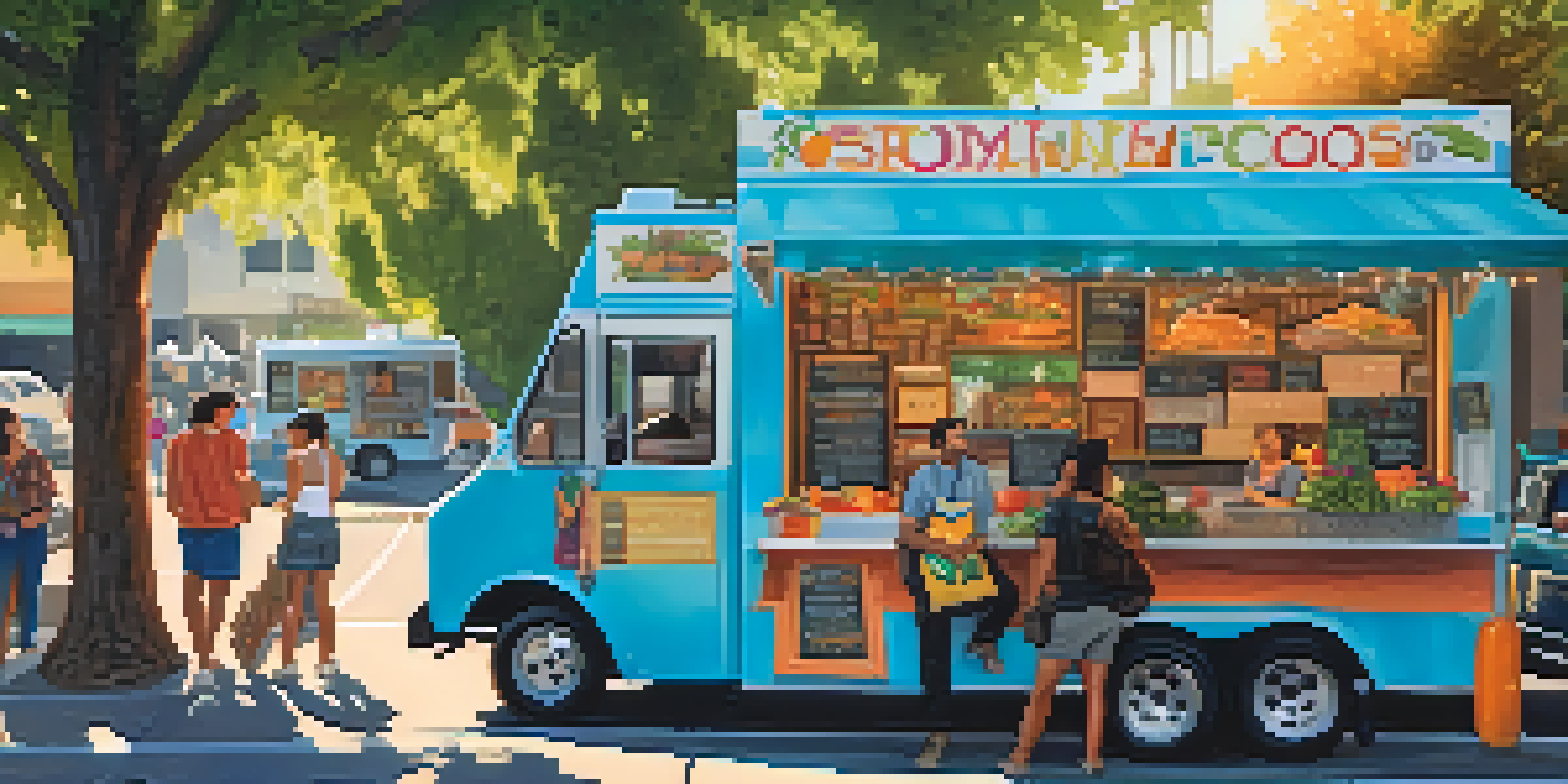 A colorful food truck in Sacramento with people enjoying diverse foods around it under warm sunlight.