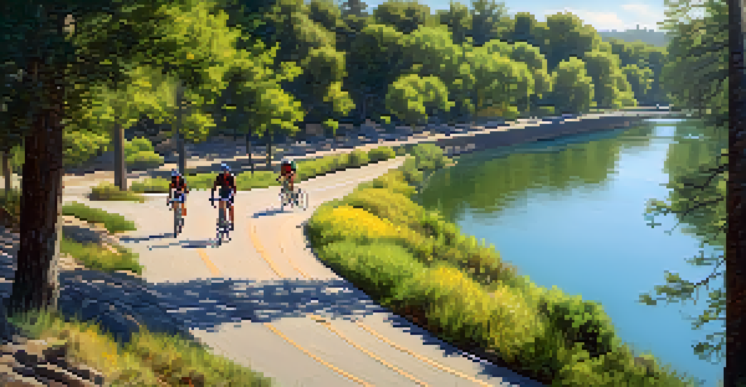 Aerial view of the American River Bike Trail, showing cyclists and lush green surroundings under a bright sun.
