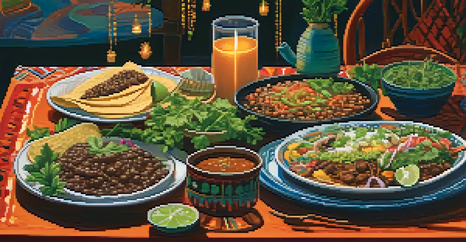 A beautifully arranged dining table with authentic Mexican dishes and vibrant decor, illuminated by soft candlelight, inviting a communal dining experience.