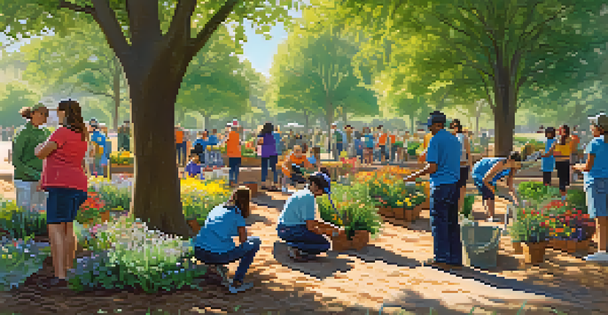 A community volunteer event in a park, with people planting trees and enjoying the outdoors.