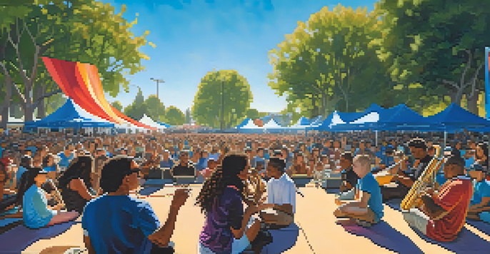 A lively outdoor music festival with musicians on stage and a diverse crowd enjoying the performance under a clear blue sky.