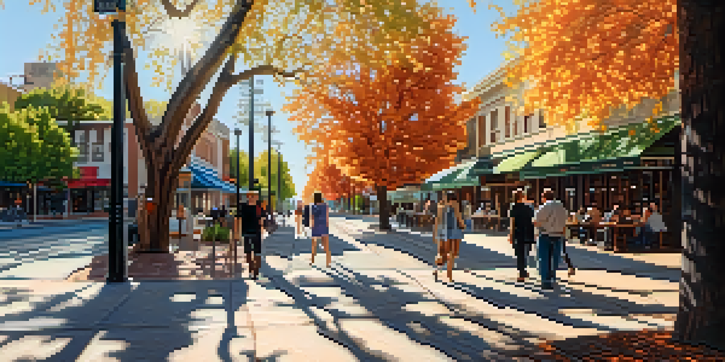 A lively street in Midtown Sacramento with people walking along tree-lined sidewalks and colorful shops.