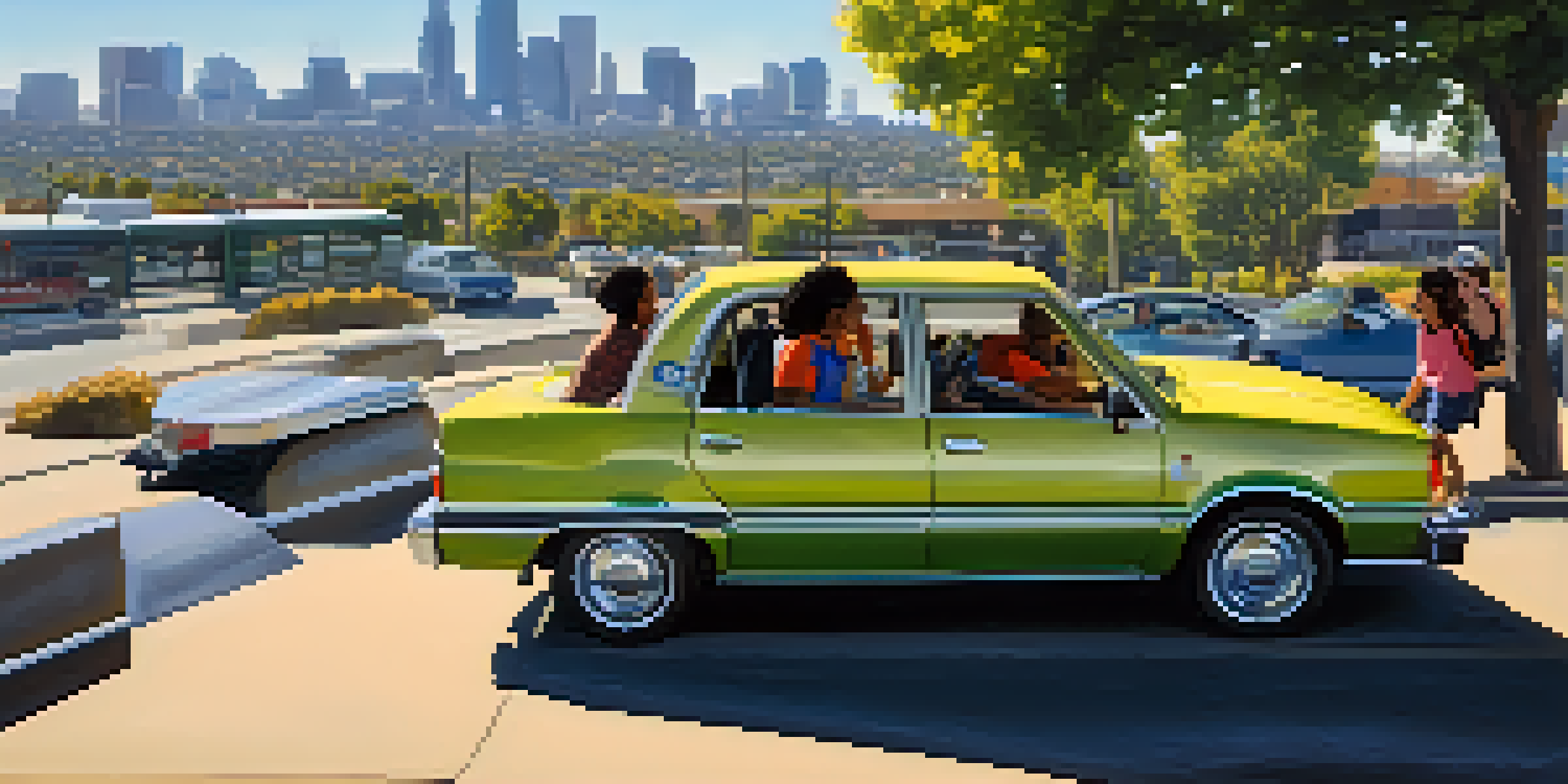 A diverse group of four people happily sharing a ride in a car, with the Sacramento skyline in the background.