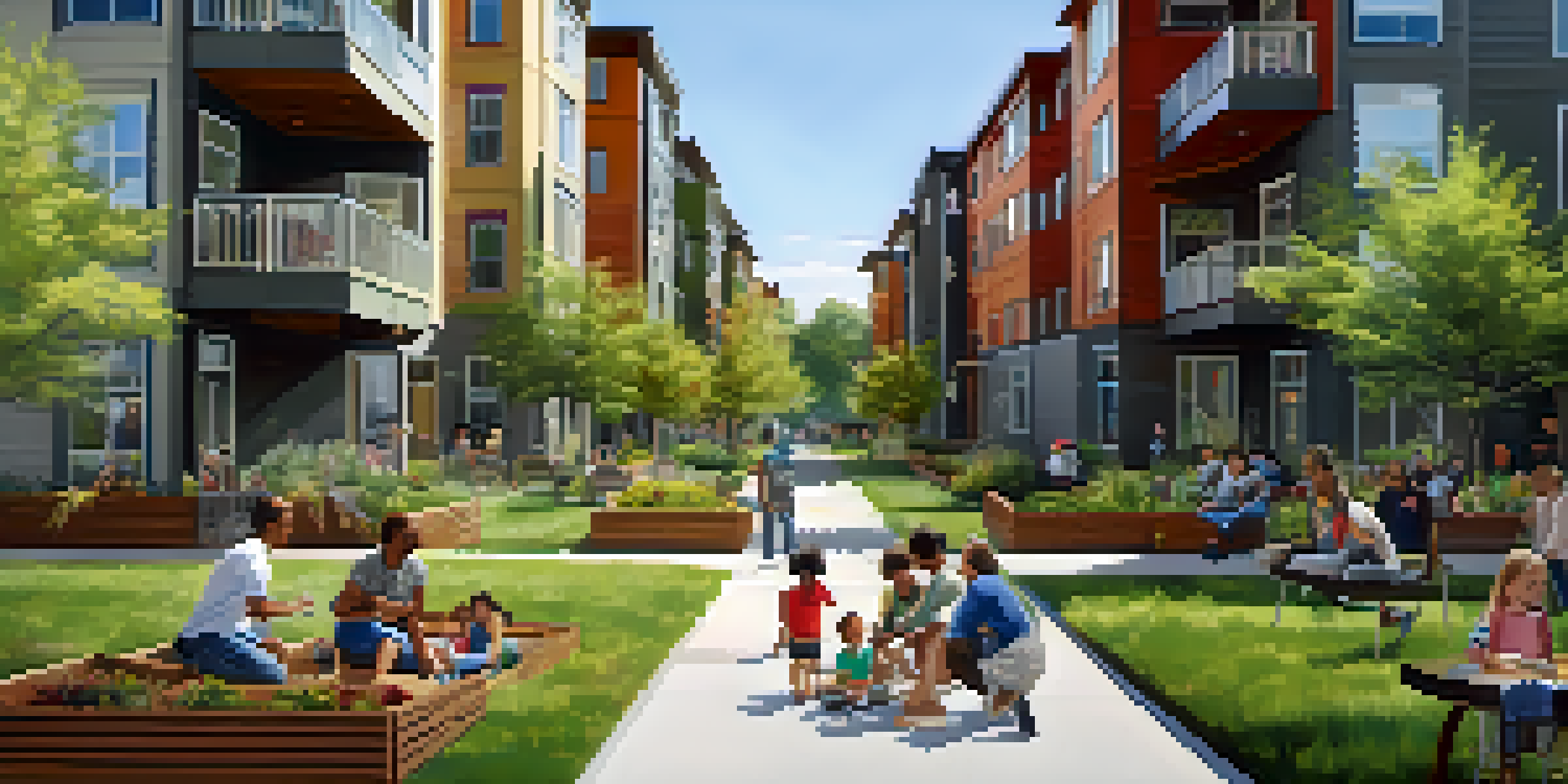 A modern affordable housing complex in Sacramento with families enjoying the outdoors and community gardens.