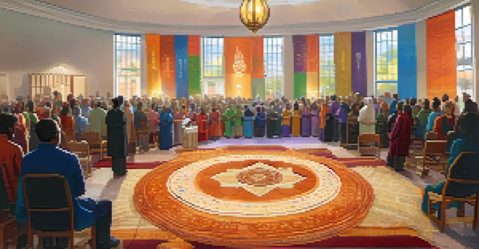 A community center hosting an interfaith prayer service with diverse participants holding hands in a circle.