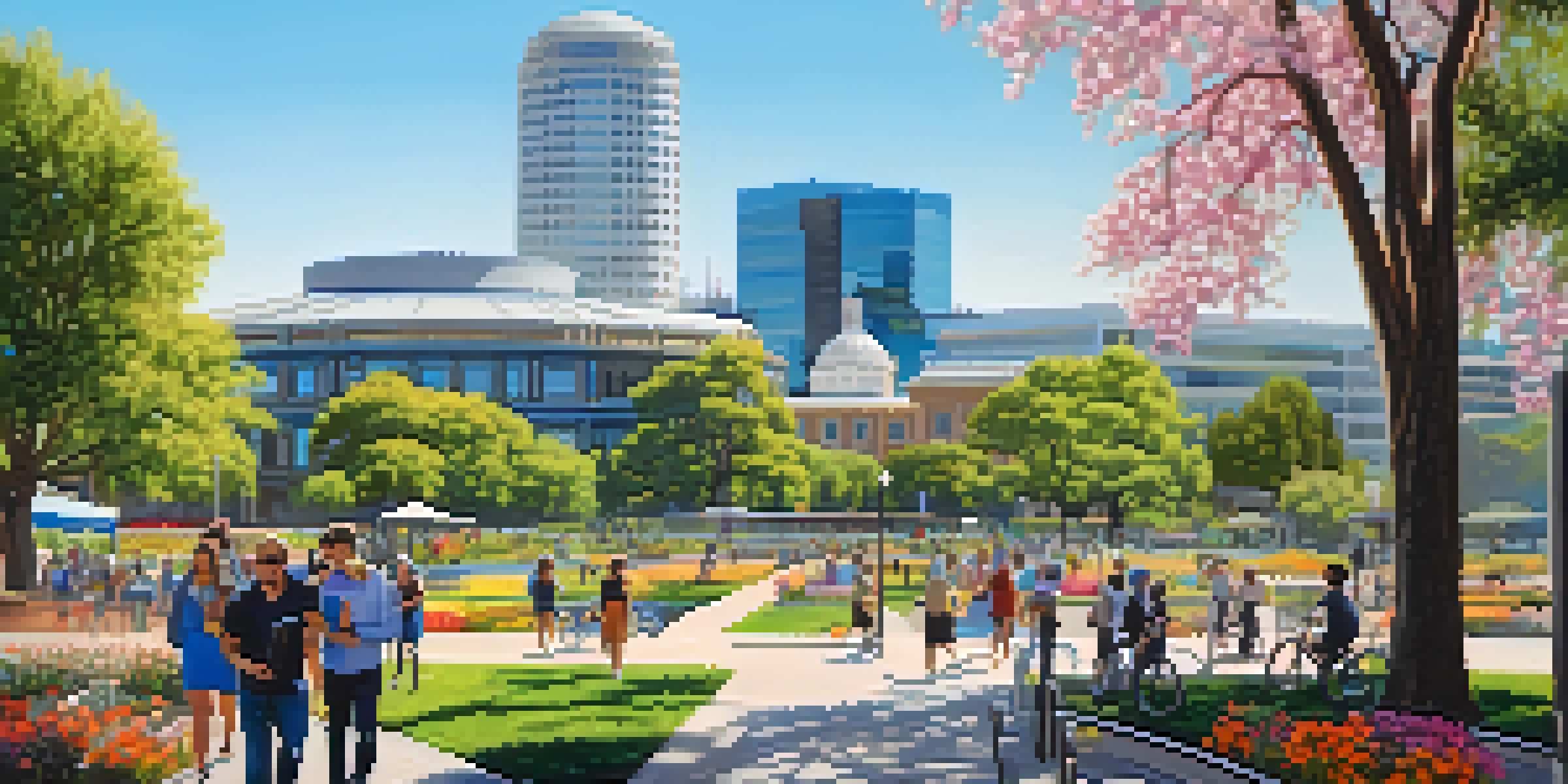 A colorful cityscape of Sacramento with modern buildings and green parks, people enjoying a sunny day.