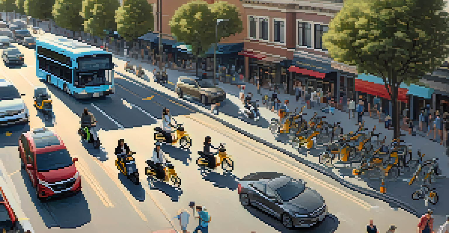 An aerial perspective of a Sacramento street bustling with e-scooters and cyclists, depicting a lively urban mobility scene.