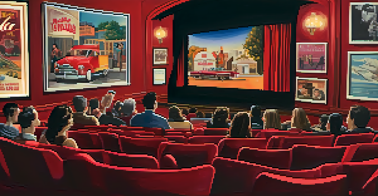 An intimate view of an independent theater with a small audience watching a film, decorated with red velvet curtains and vintage movie posters.