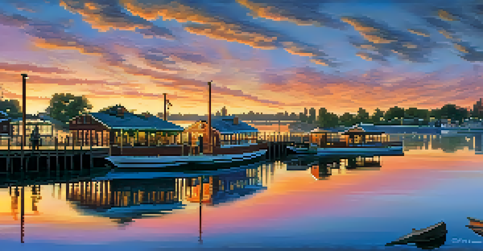 A picturesque sunset view of the Old Sacramento Waterfront, showcasing wooden wharves and the Sacramento River, with people enjoying the scenery.