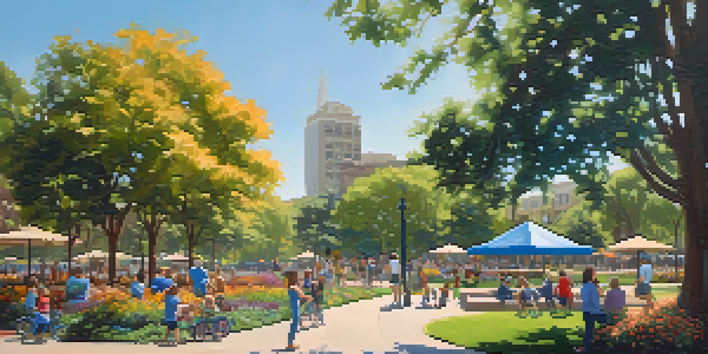 A lively urban park with green trees and people planting small trees under a bright blue sky.