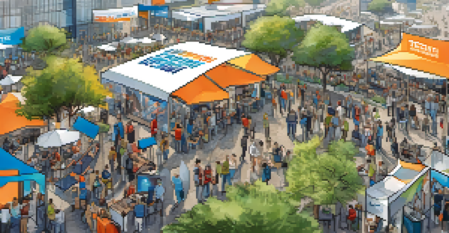 An aerial perspective of a tech event in Sacramento, filled with attendees exploring booths and engaging in networking activities.