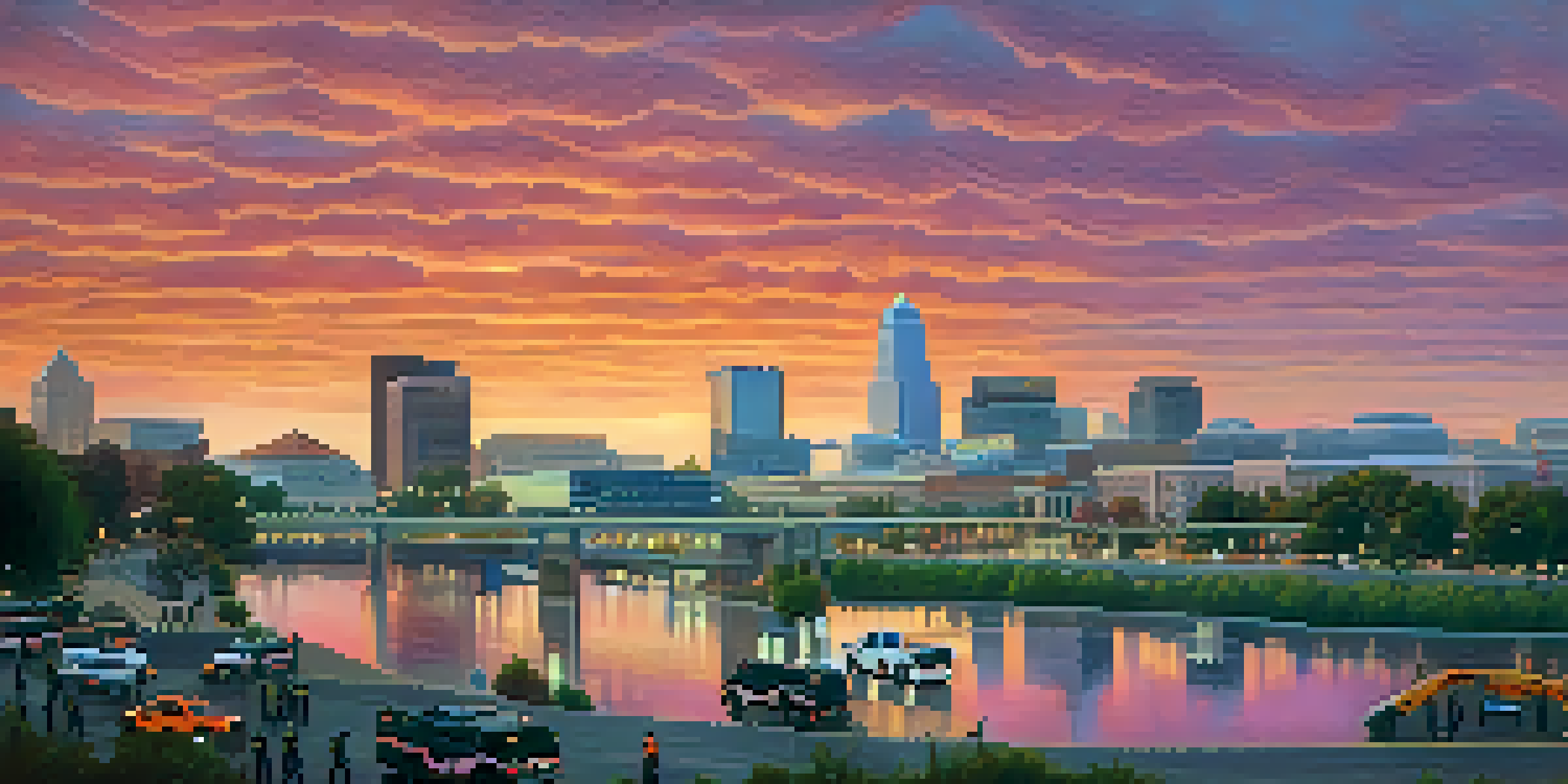 A sunset view of Sacramento's skyline with an emergency response team conducting a drill in the foreground.