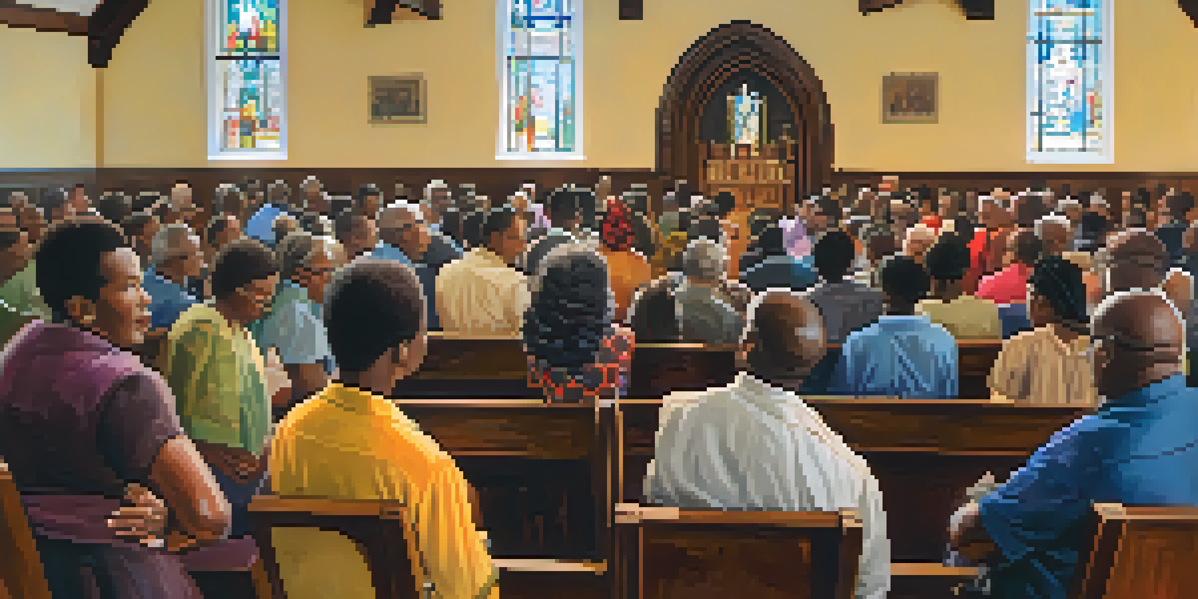 An interior view of a historic church with diverse community members gathered for a civil rights meeting, warmly lit by stained glass windows.