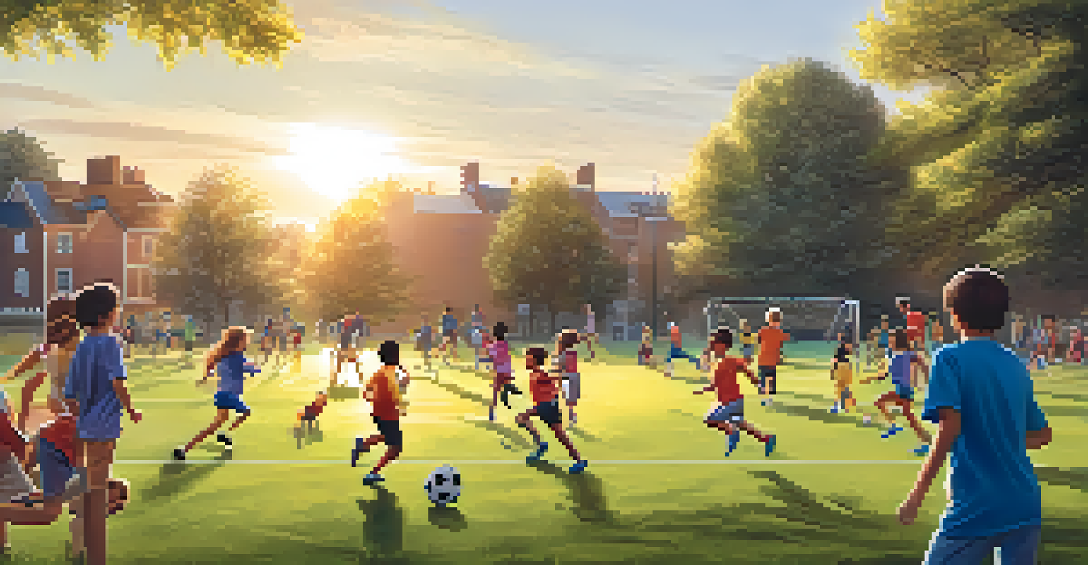 Children playing soccer in a park during an outdoor after-school sports activity, with a warm sunset glow.