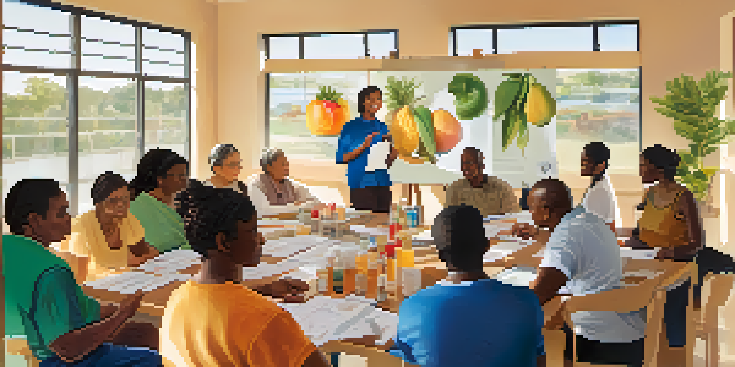 A diverse group of participants in a community health workshop, discussing health topics with pamphlets and fruits on the table, illuminated by soft sunlight.