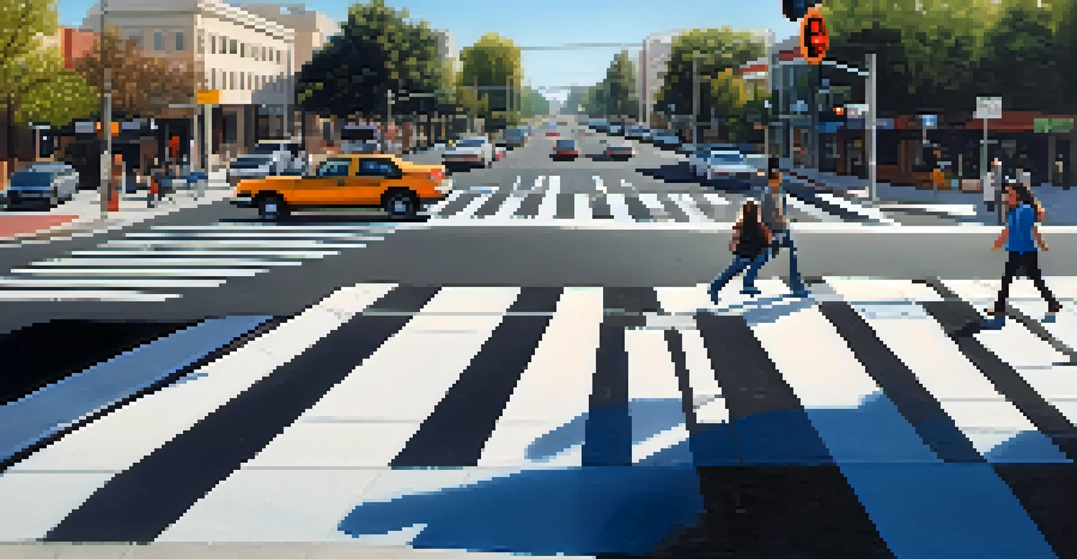 A busy urban intersection in Sacramento with pedestrians using safe crosswalks and modern traffic signals.