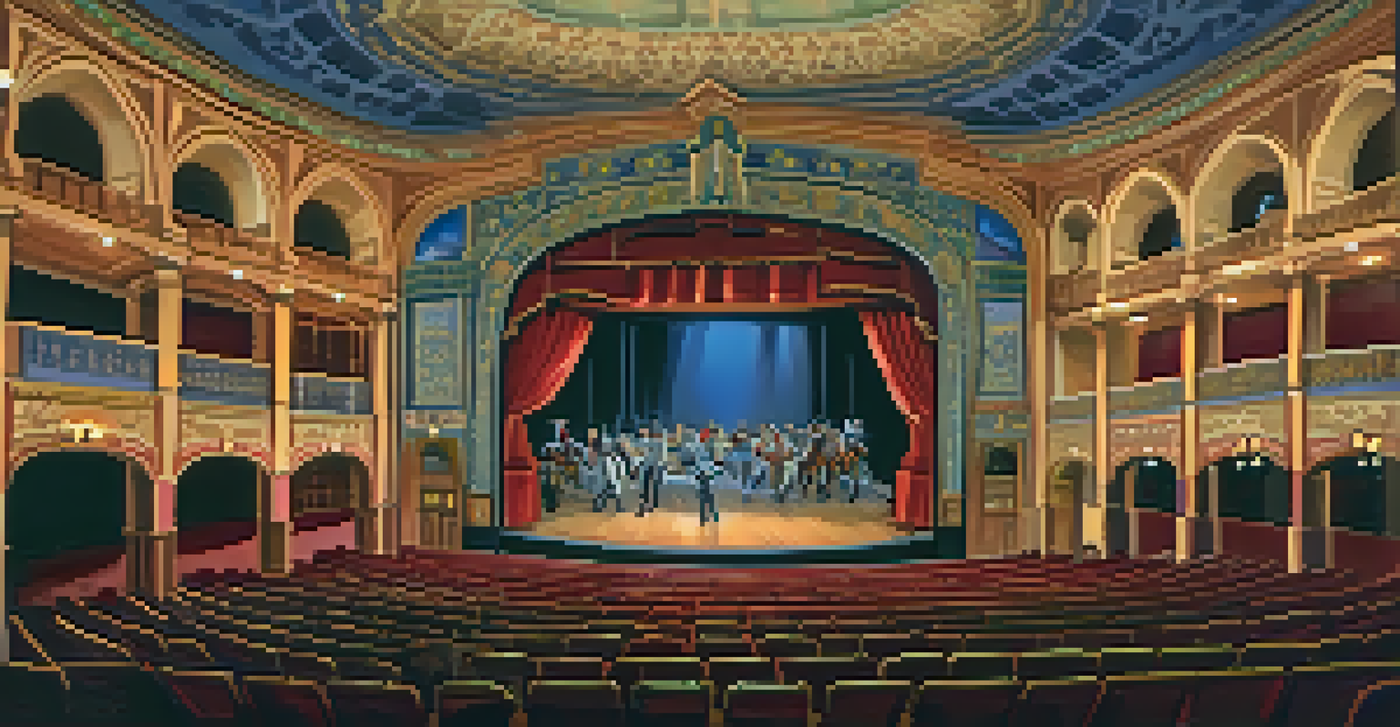The luxurious interior of the Fox Sacramento Theatre, featuring decorative tiles and murals, with audience members enjoying a performance under soft lighting.
