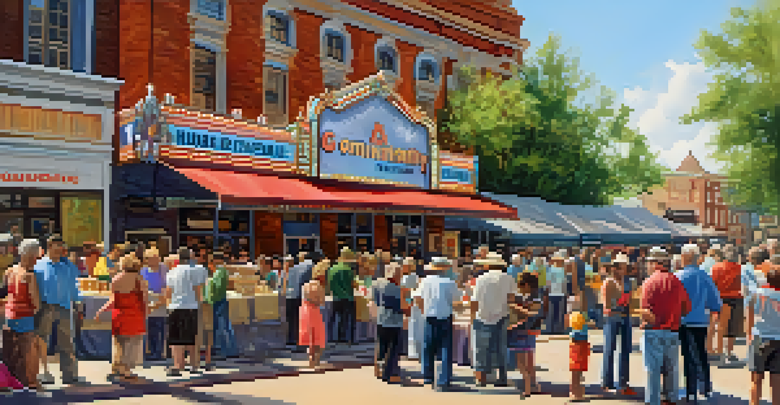 A lively outdoor community event in front of a historic theater, showcasing local artists and a vibrant atmosphere.