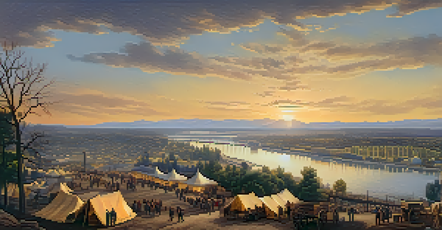 A panoramic view of Sacramento during the Gold Rush, showcasing miners and merchants with the river in the background.
