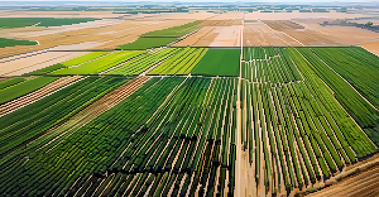 A bird's eye view of Sacramento's agricultural fields with green crops under the bright summer sun.