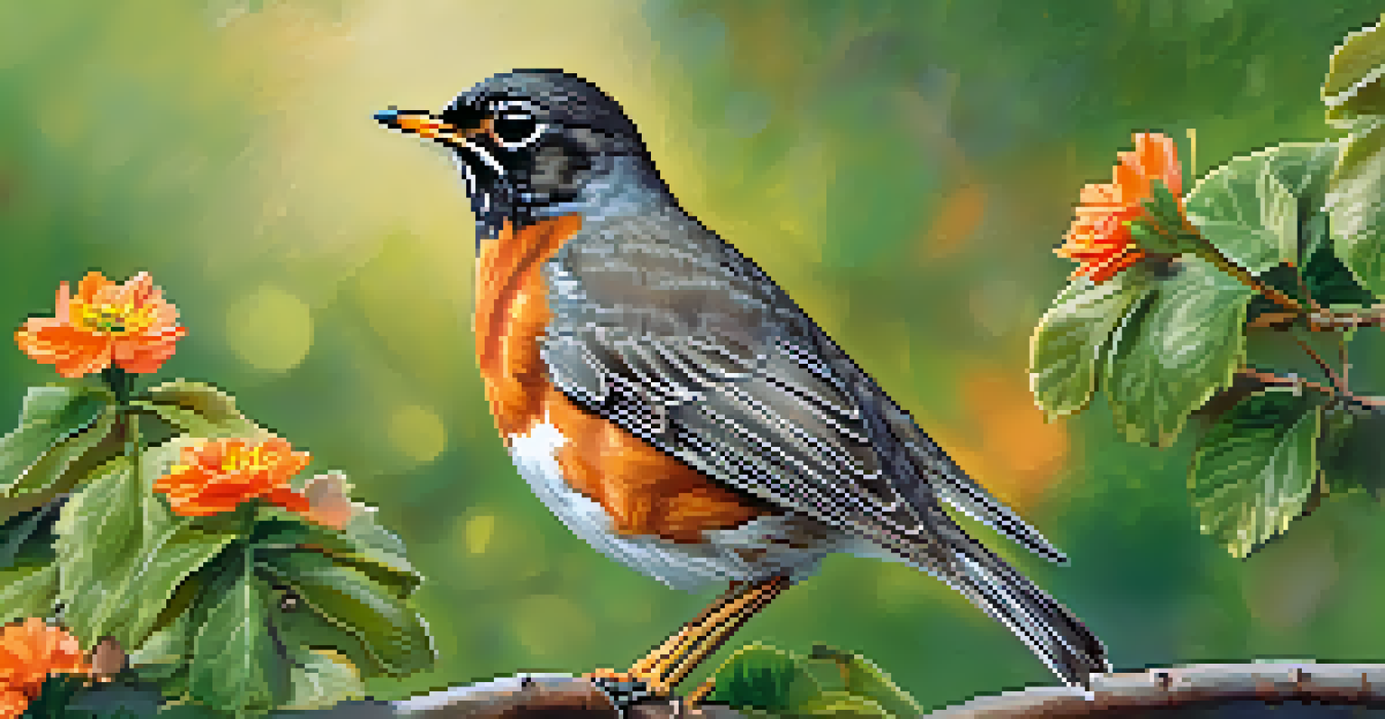 An American Robin perched on a branch in a garden, showcasing its bright orange belly against a backdrop of colorful flowers.