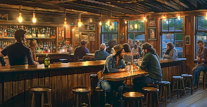 A musician performing on stage in a cozy bar, surrounded by engaged patrons and warm lighting.