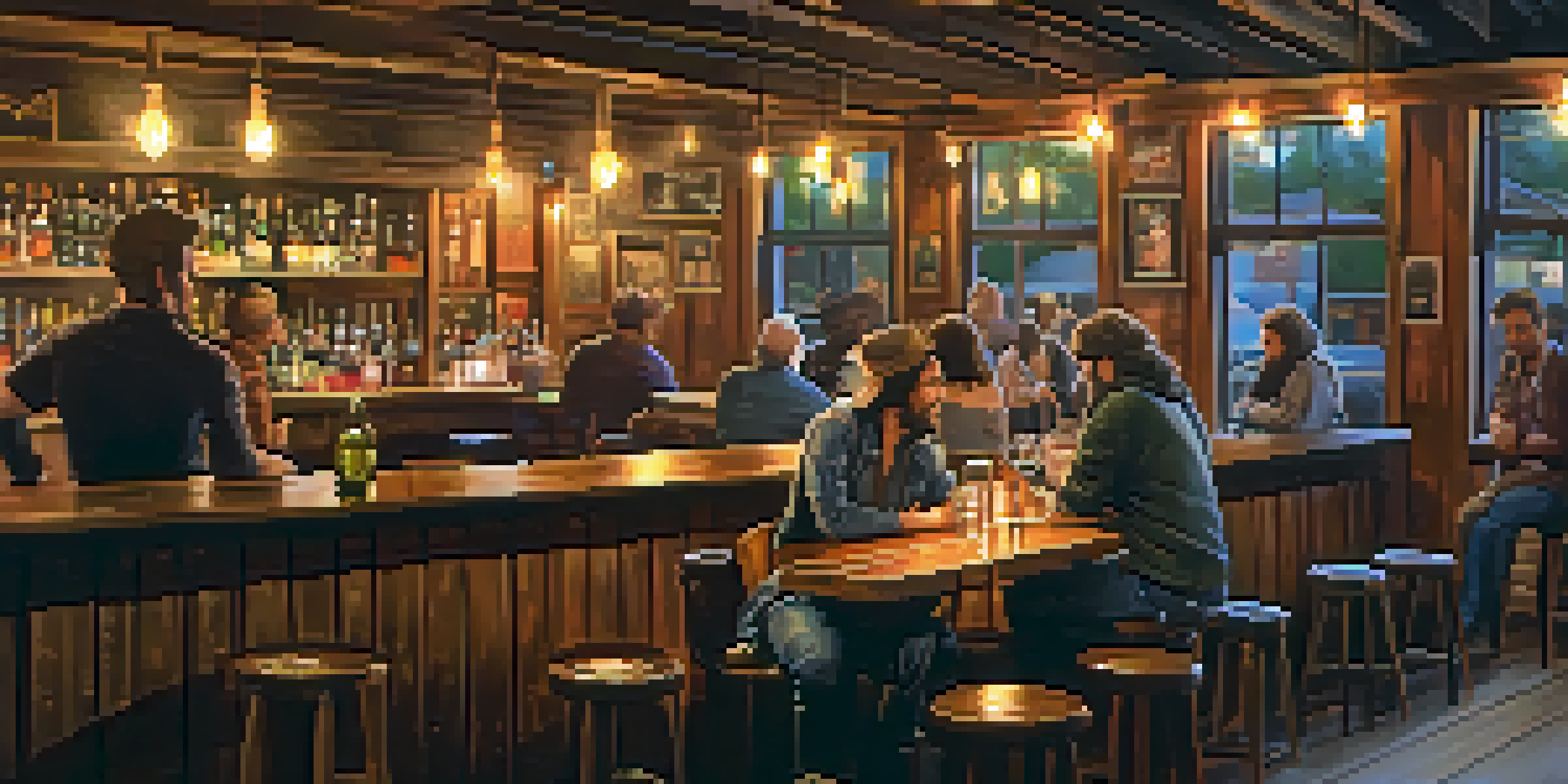 A musician performing on stage in a cozy bar, surrounded by engaged patrons and warm lighting.