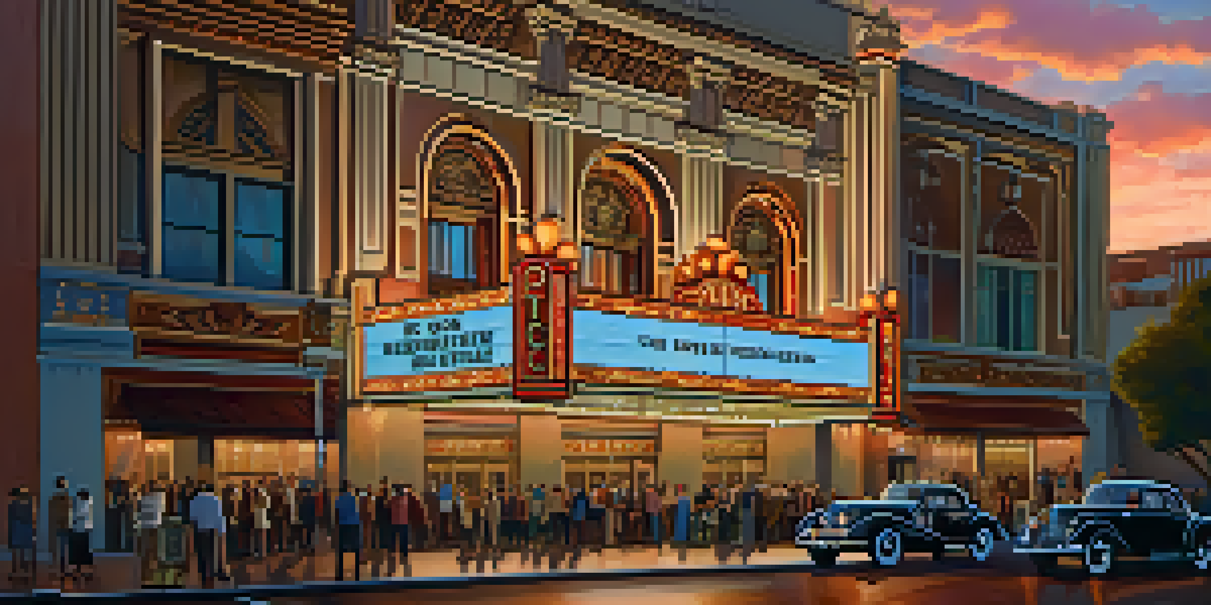 A historic theater in Sacramento with Art Deco design, illuminated at dusk, featuring a vibrant sunset and a crowd outside discussing an upcoming performance.