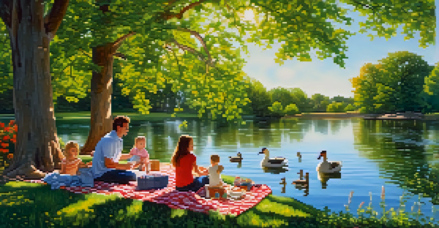 A family having a picnic by a beautiful lake in William Land Park, with ducks swimming and sunny greenery all around.