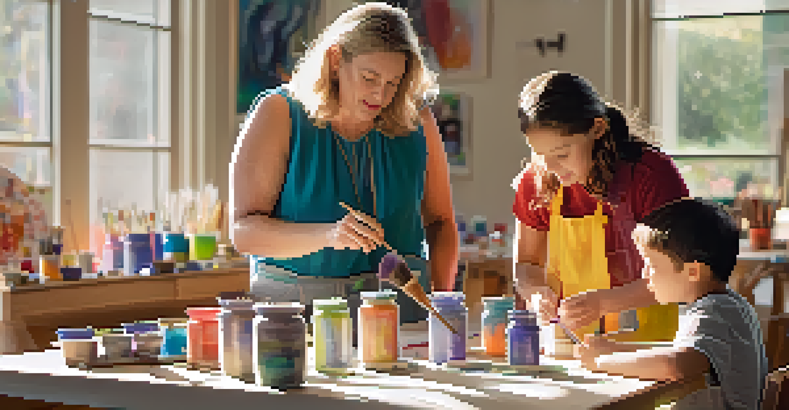 Parents and children participating in an art workshop, working on pottery and painting in a bright, colorful studio.