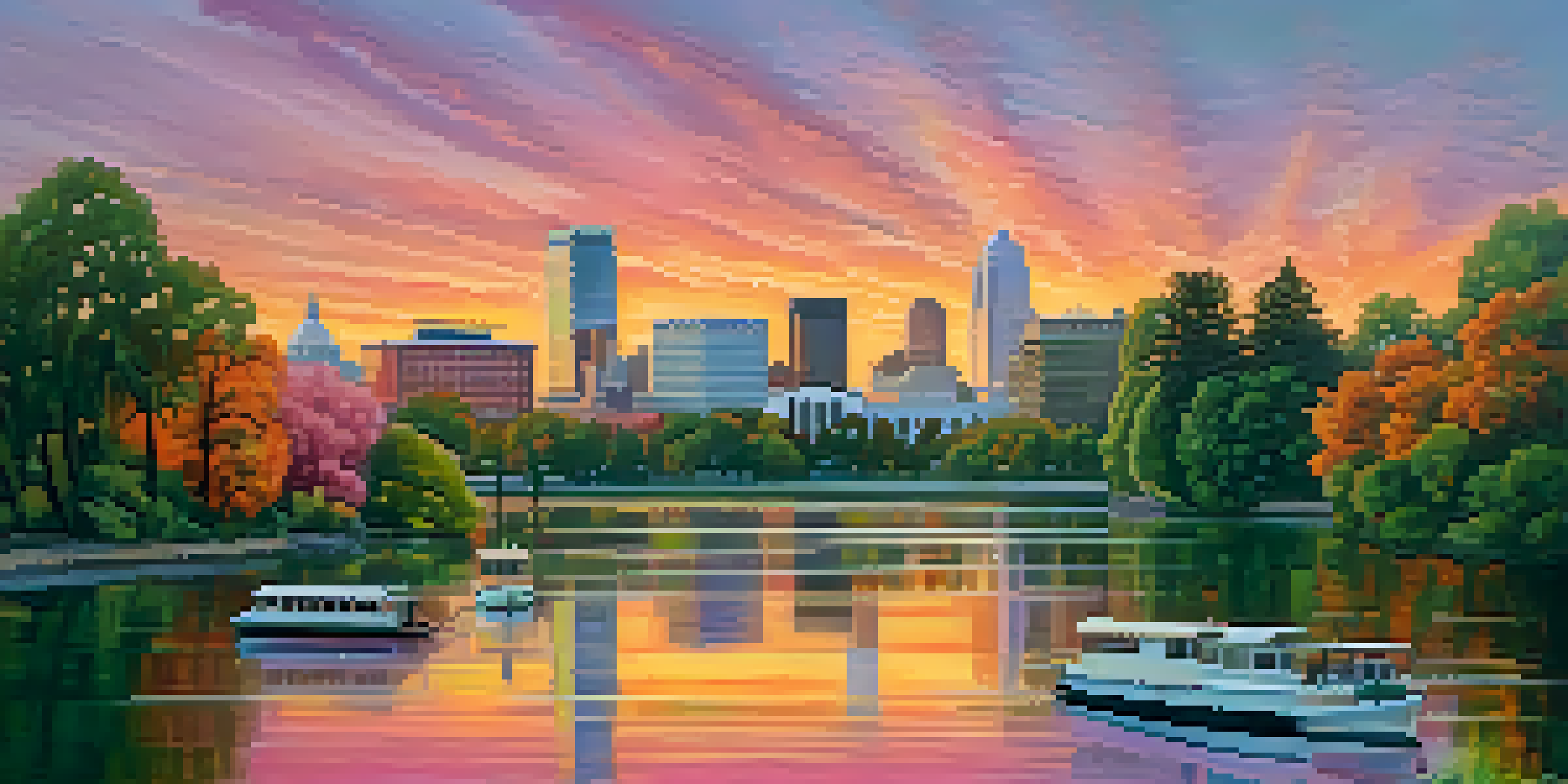 A sunset view of Sacramento's skyline with colorful sky and green trees in the foreground.