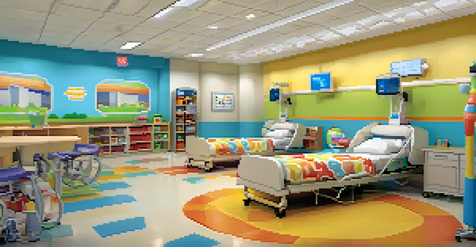 An inviting pediatric ward in Sutter Medical Center with colorful decorations and children interacting with healthcare staff.