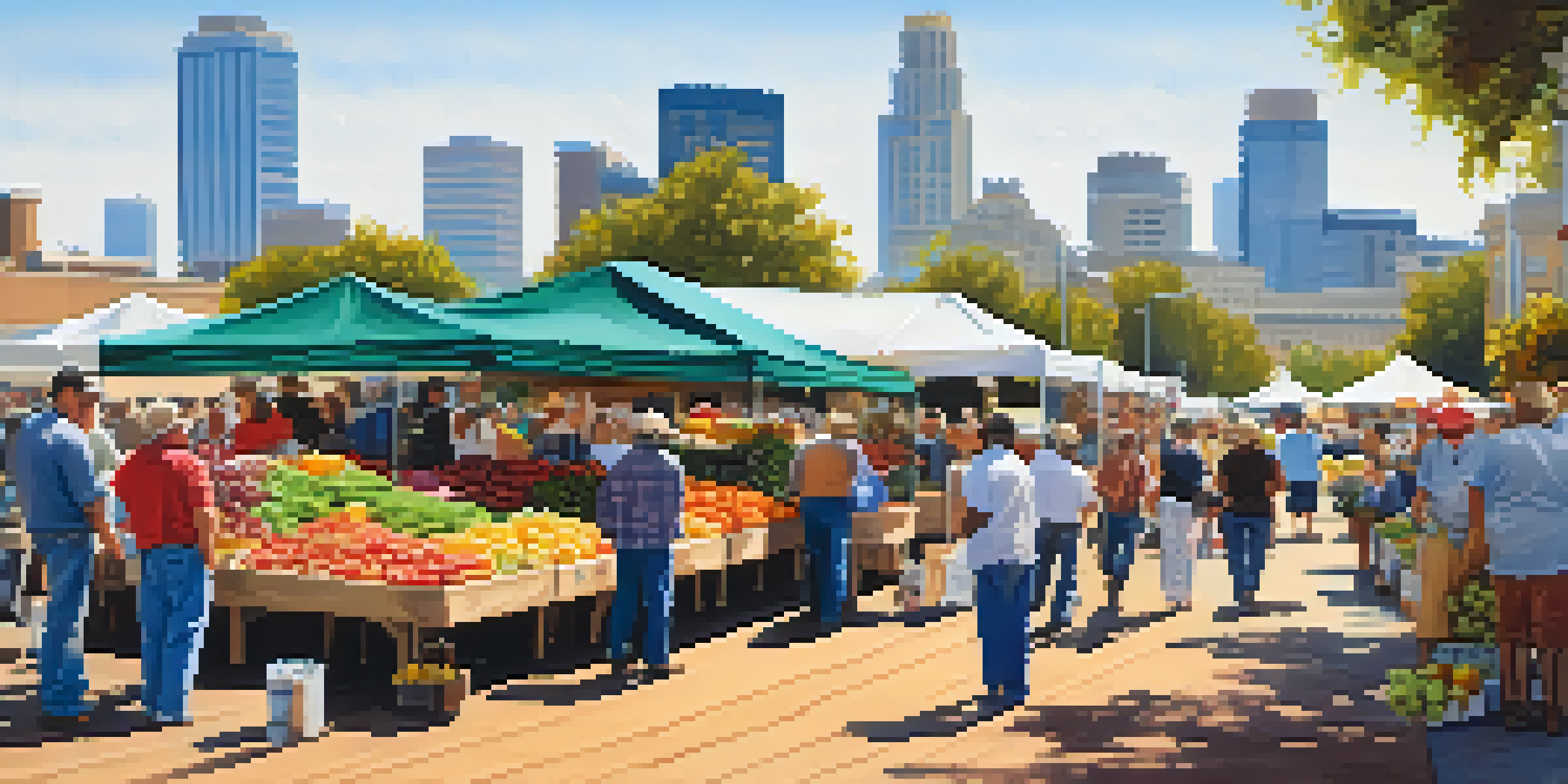 A lively farmer's market in Sacramento with colorful stalls of fresh produce and local farmers engaging with customers under a bright blue sky.