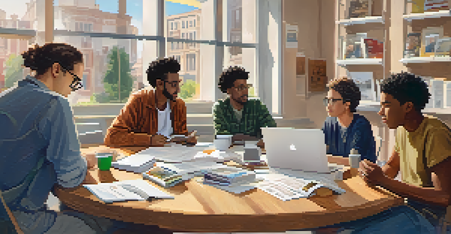 A young activist leading a discussion with peers at a table filled with notebooks and laptops, planning a community project.