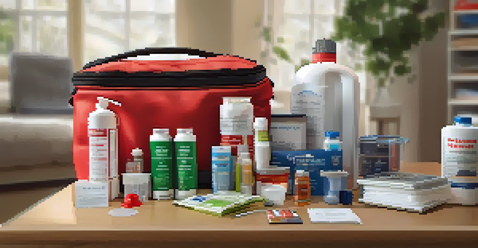 A close-up of an organized emergency kit with essential supplies like a flashlight and first aid items on a table.