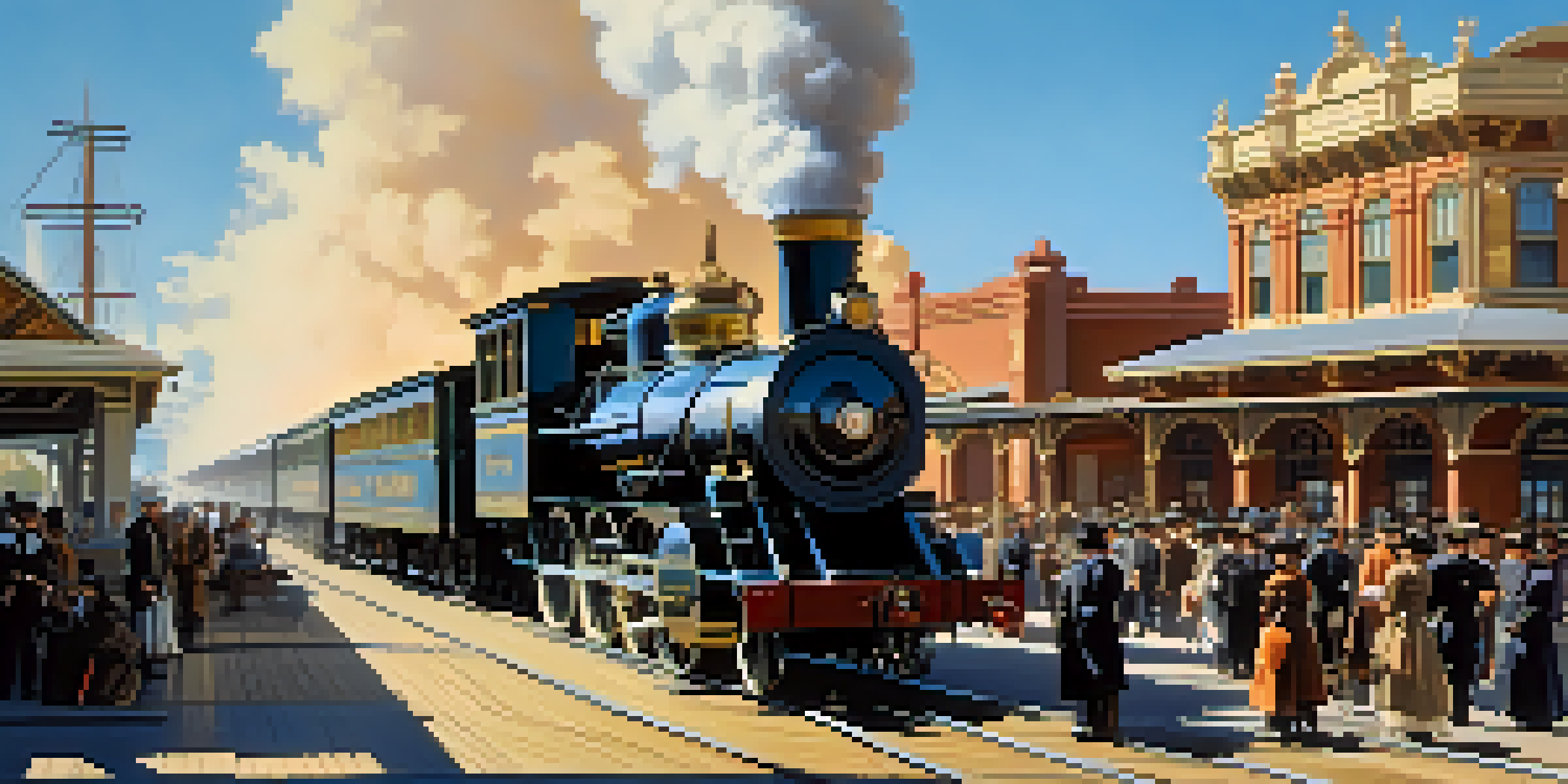 A historic scene featuring a steam locomotive at a 19th-century Sacramento train station with people in period clothing.