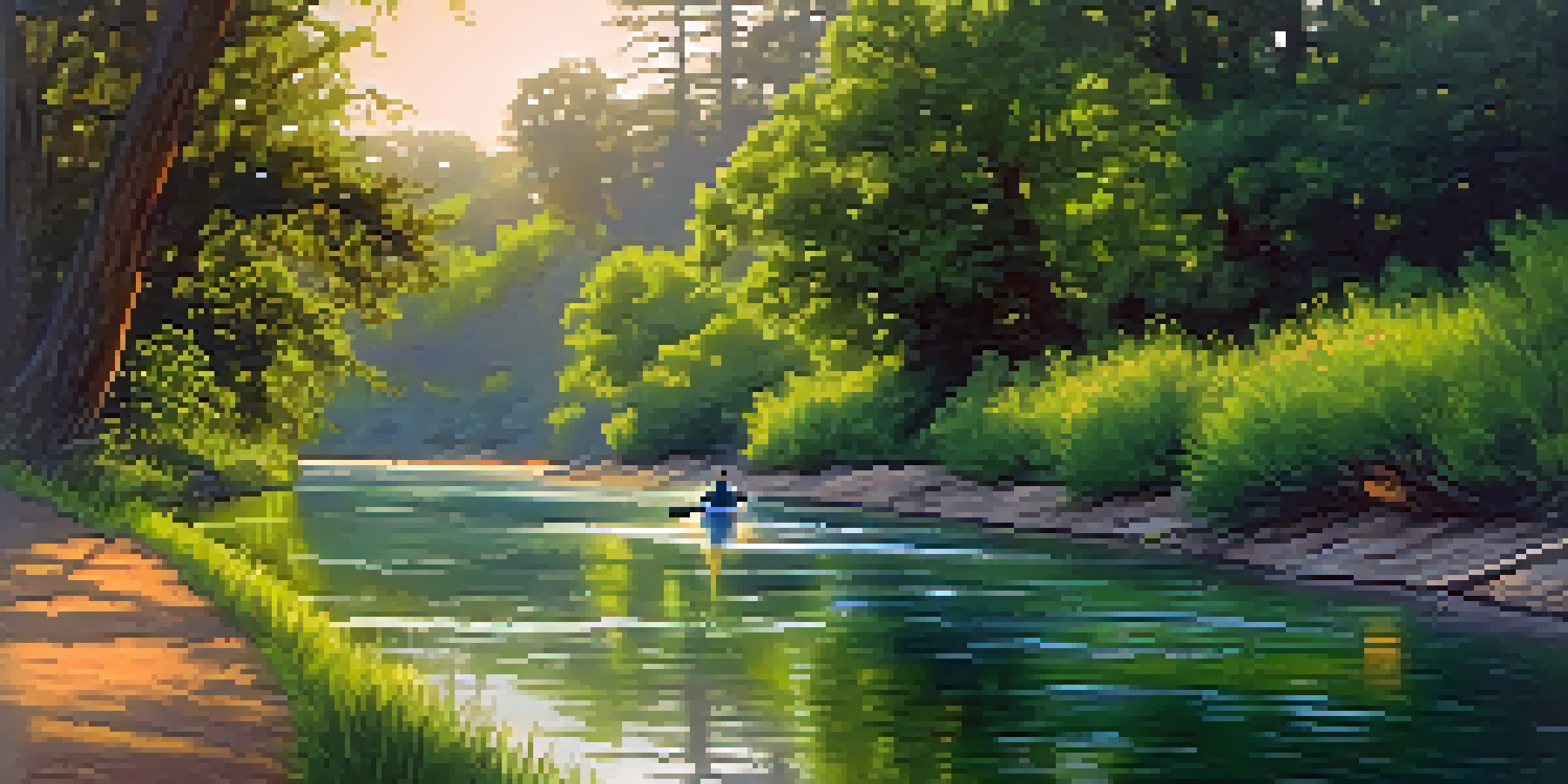 A peaceful sunrise view of the American River Parkway, with a winding path surrounded by greenery and kayakers on the water.