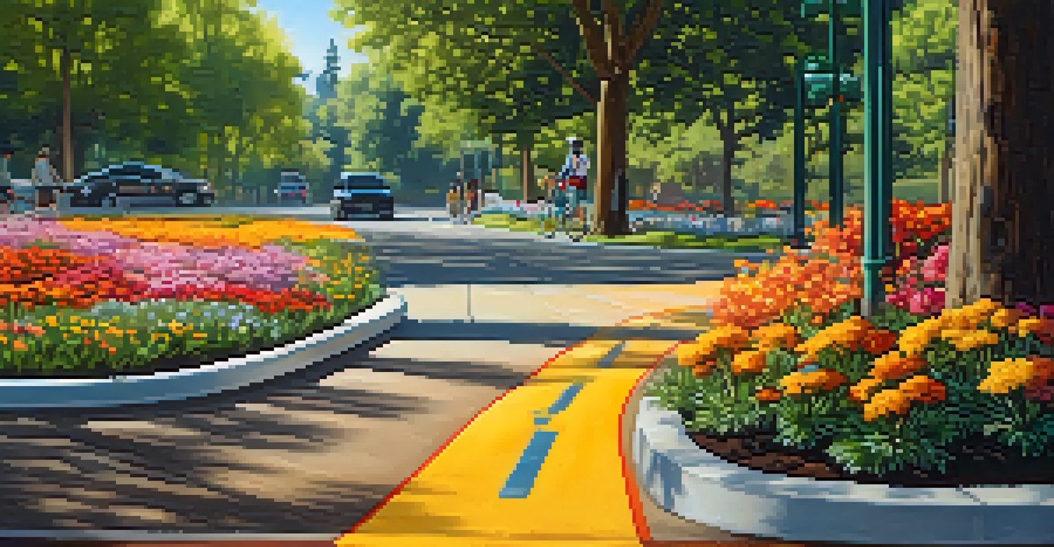 A detailed view of a bike path in Sacramento with clear lane markings, trees, and a cyclist, highlighting the integration of cycling and public transport.