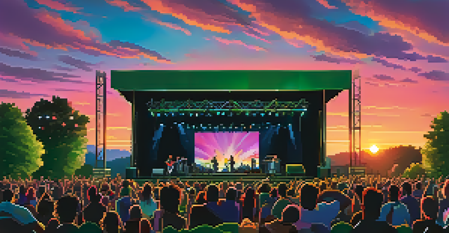 Outdoor concert venue at sunset with colorful lights and an audience enjoying a performance.