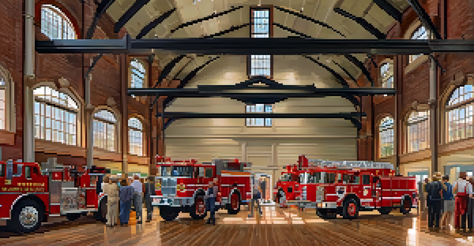 The interior of a historic firehouse in Sacramento during a community event, showcasing high ceilings, wooden doors, and families engaging with firefighting history exhibits.