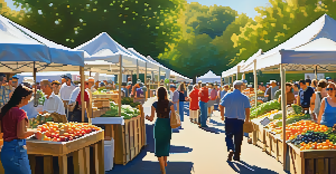 A lively marketplace at the Farm-to-Fork Festival in Sacramento, filled with fresh produce and vibrant colors under warm sunlight.