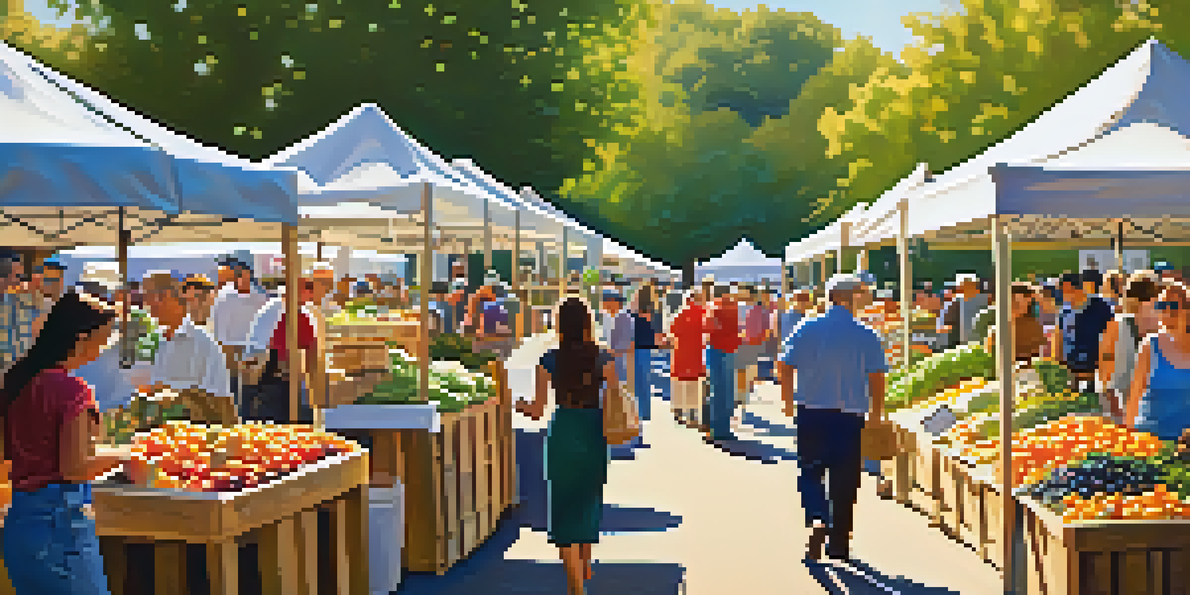 A lively marketplace at the Farm-to-Fork Festival in Sacramento, filled with fresh produce and vibrant colors under warm sunlight.