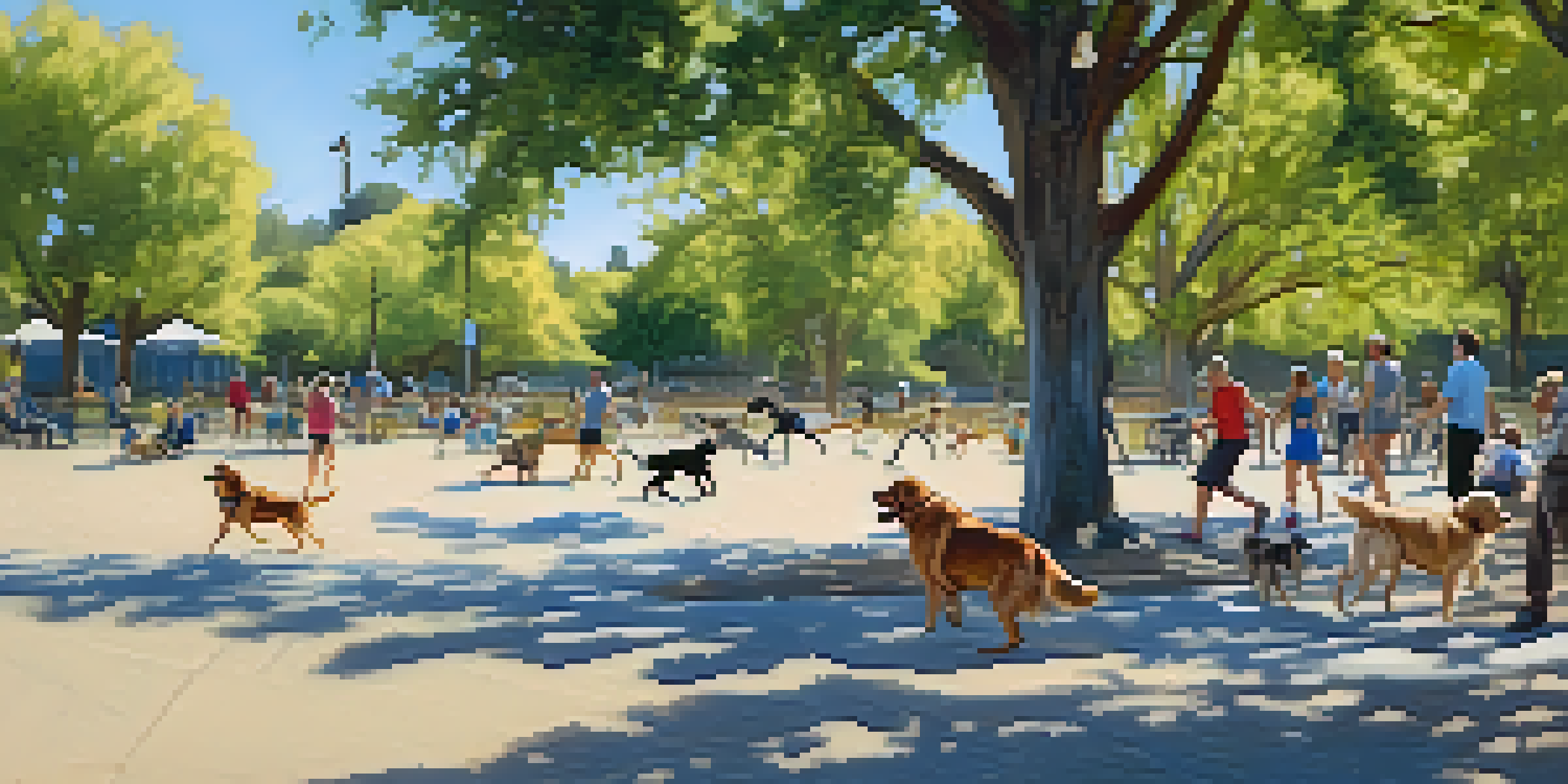 A colorful scene at an off-leash dog park with dogs playing and owners chatting under trees on a sunny day.