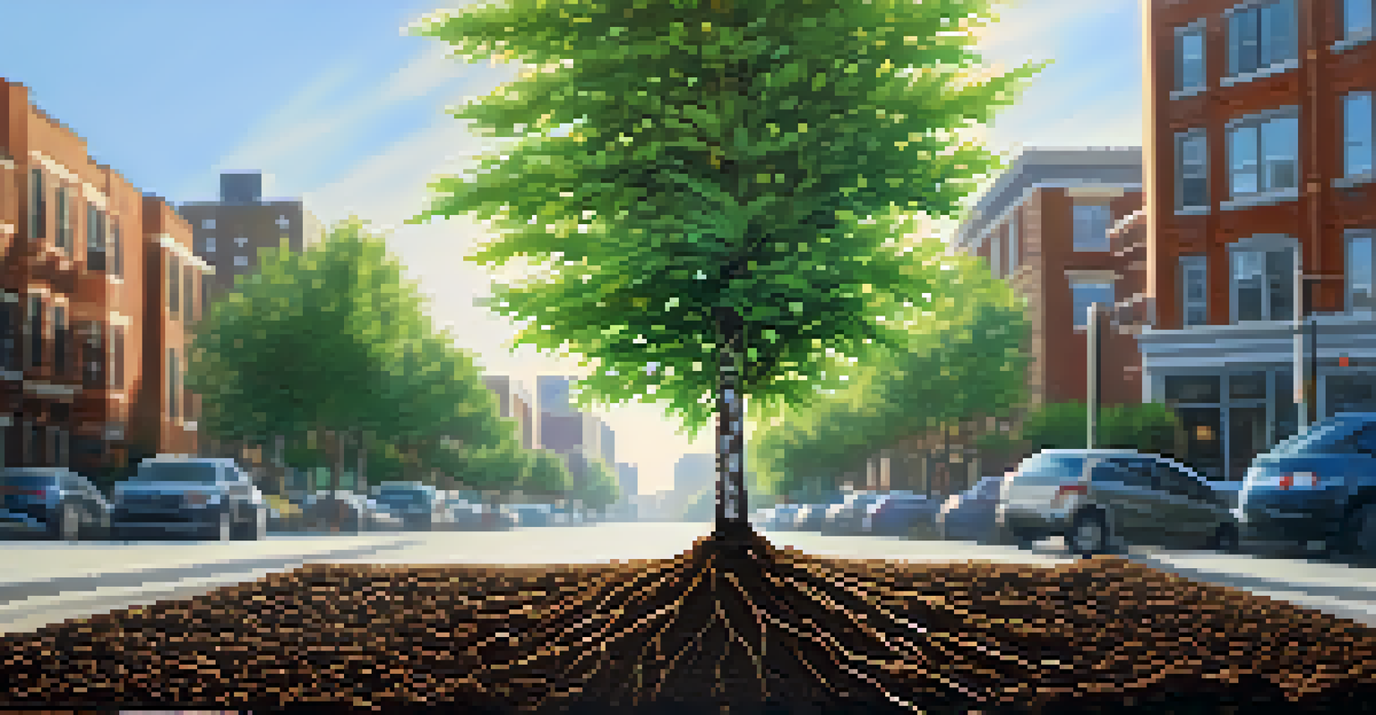 Close-up of hands planting a young tree in an urban neighborhood with buildings in the background.