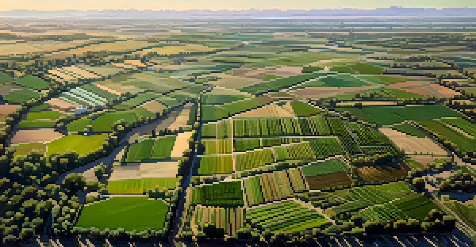 An aerial view of Sacramento's agricultural landscape featuring vibrant fields, orchards, and the Sacramento River under a warm sun.