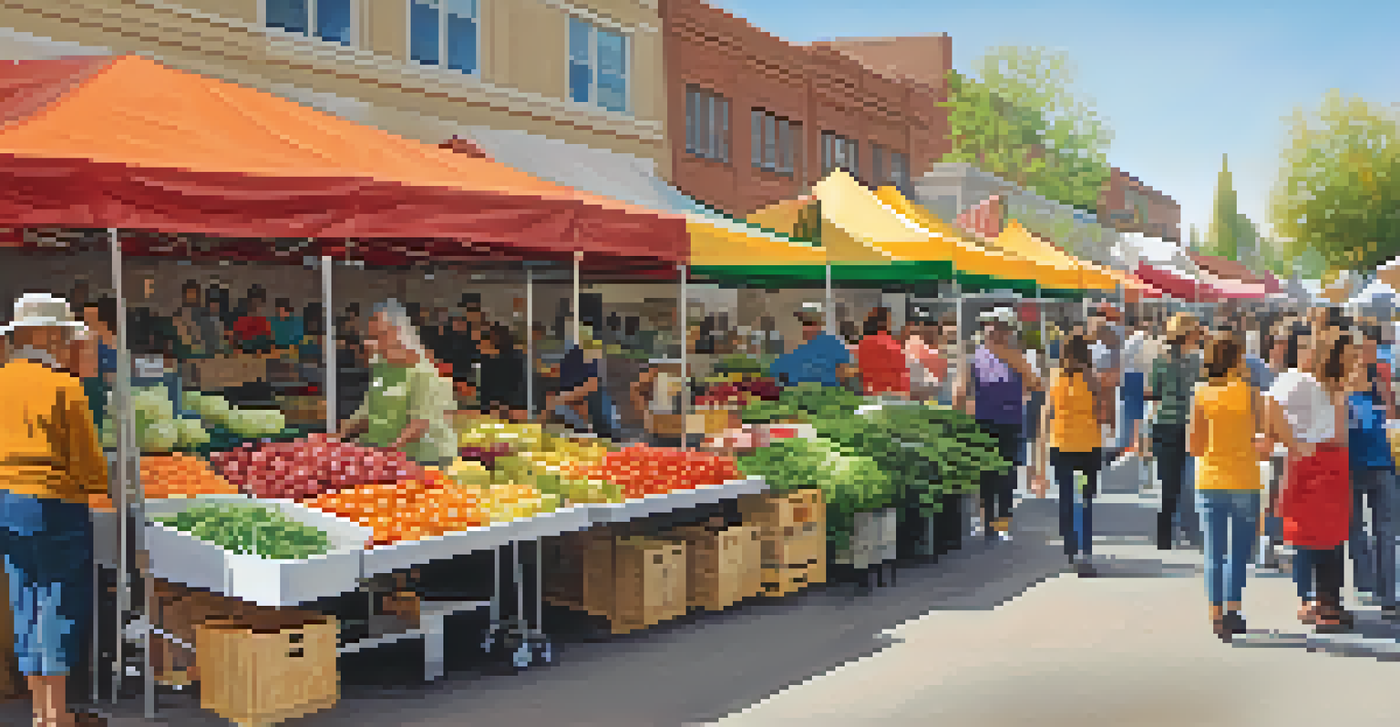 A lively farmers' market in Land Park, showcasing stalls of fresh produce and local crafts with families and vendors interacting.