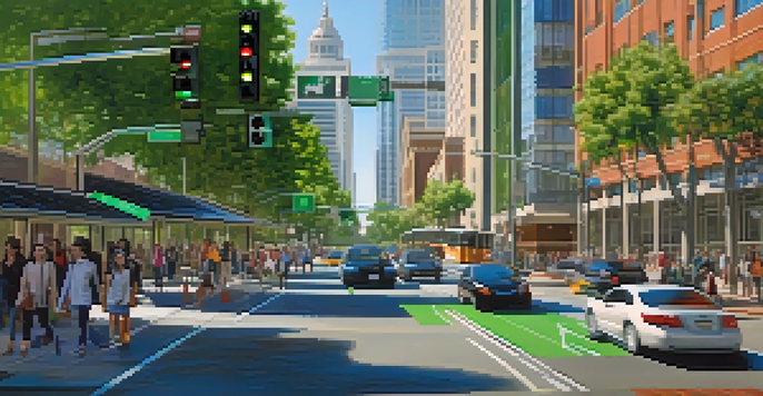 A busy Sacramento street with smart traffic signals and adaptive lighting, showing modern buildings and greenery.