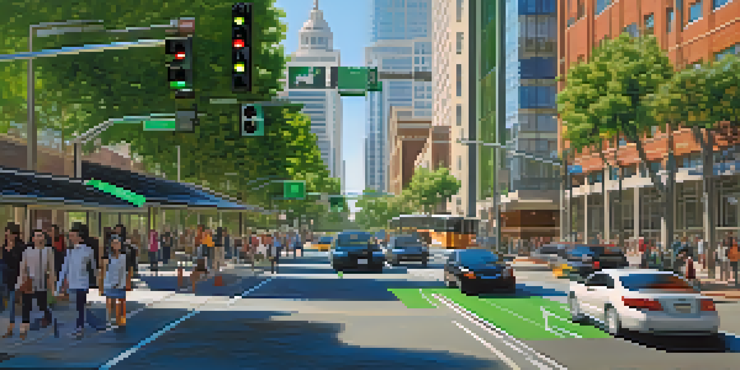 A busy Sacramento street with smart traffic signals and adaptive lighting, showing modern buildings and greenery.